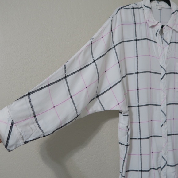 Vince Camuto White Grid Plaid Long Sleeve‎ Top Button Down Career Flowy - Picture 4 of 13
